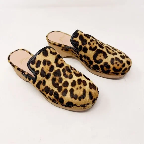 J. Crew Calf Pony Hair Cheetah Leopard Print Wooden Clogs Size 6 - Picture 2 of 9